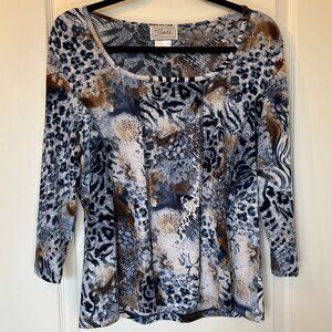 Vintage Animal Print Top Blue Brown Abstract Size Large